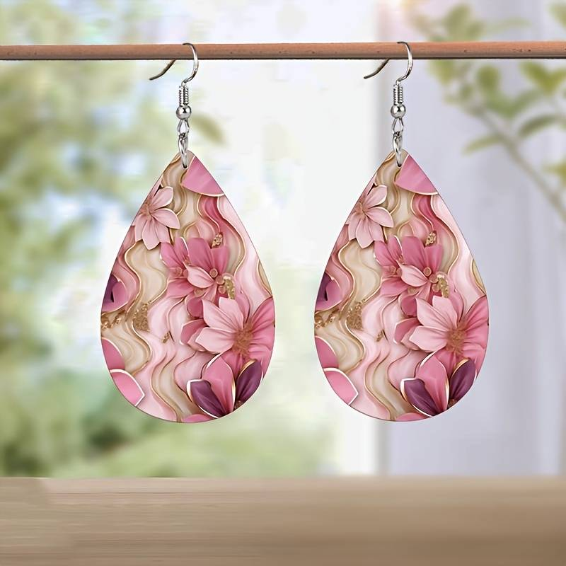 Retro Pink Floral Drop Earrings
