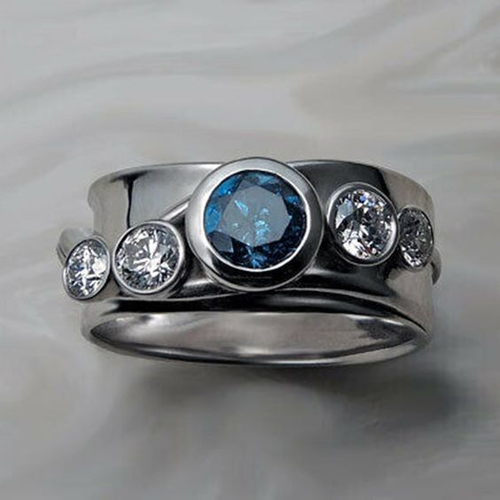 Antique Inlaid Blue Glass Silver Ring with Rounded Design