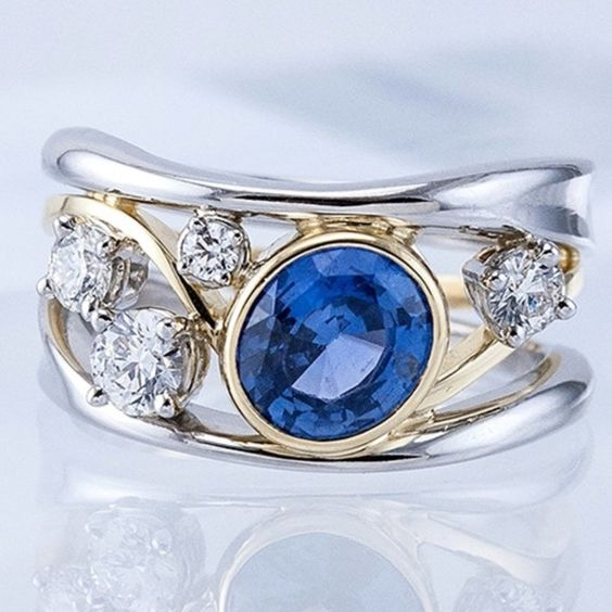 Antique Blue Glass Ring with Gold and Silver Zirconia Accents