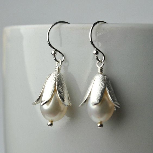 Classic Silver Earrings with Vintage Lotus and Pearl Design