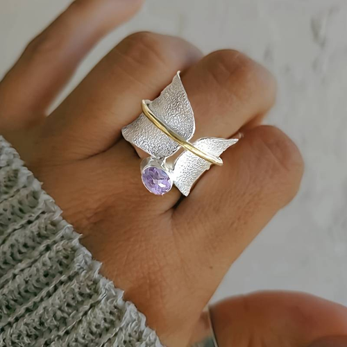 Antique Silver Ring with Purple Zirconia Accents