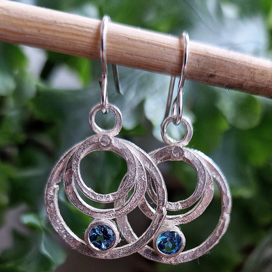 Retro Silver Earrings with Blue Crystal and Circular Design