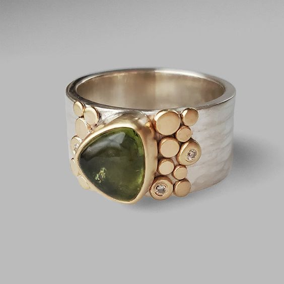 Antique Olive Green Glass Ring with Gold and Silver Accents