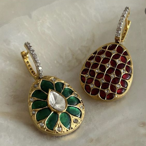 Retro Green and Red Drop Earrings with Golden Accents
