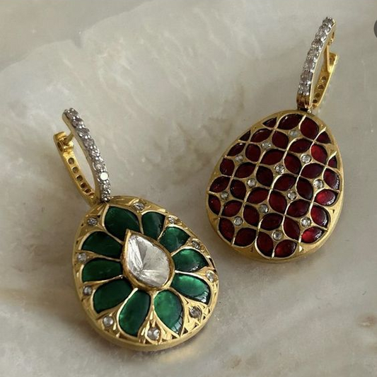 Retro Green and Red Drop Earrings with Golden Accents