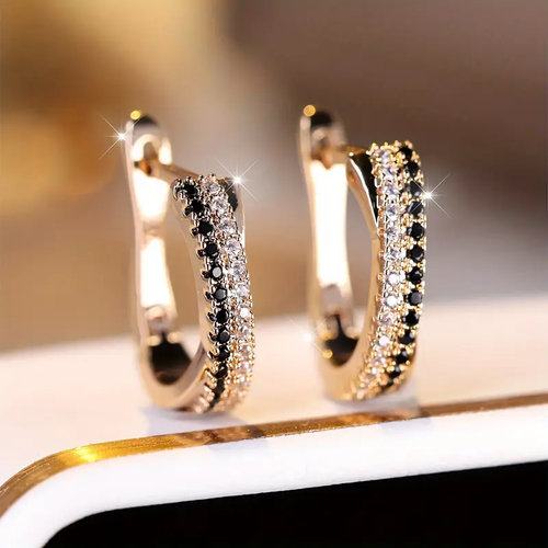 Gold Earrings with Black Zirconia Accents