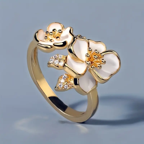 Gold Ring with White Blossom Design