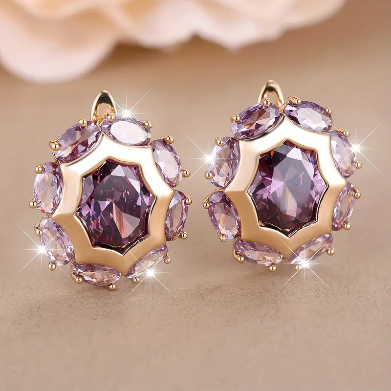 Gold Earrings with Rounded Violet Zirconia