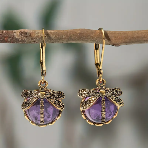 Gold Earrings with Purple Dragonfly Crystal Accents