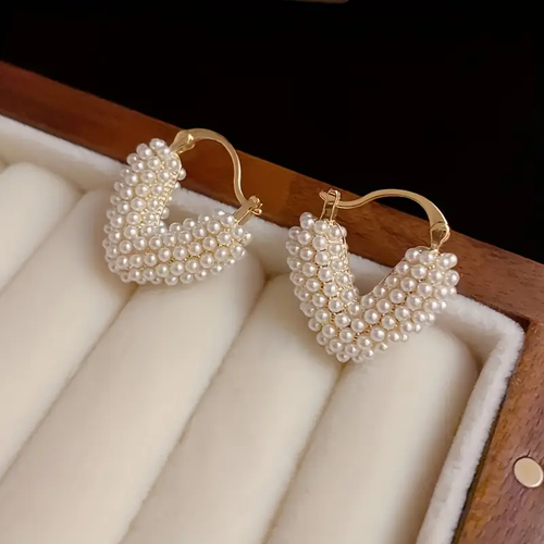 Gold Earrings with Pearl Heart Design