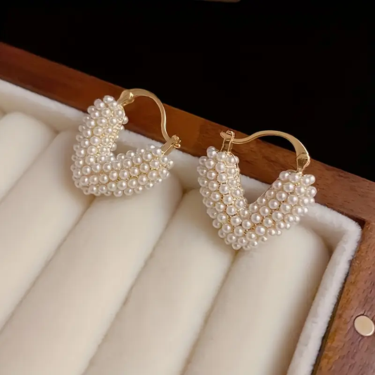 Gold Earrings with Pearl Heart Design