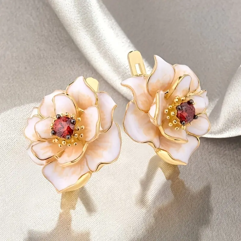 Red Zirconia Earrings with White Blossom Design