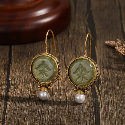Retro Green Stone Pearl Drop Earrings