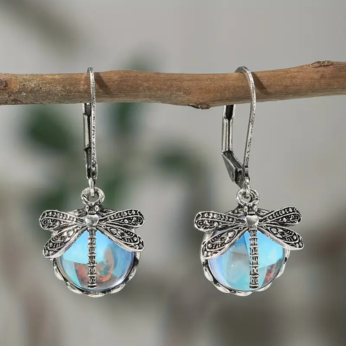 Silver Earrings with Blue Dragonfly Crystal Design