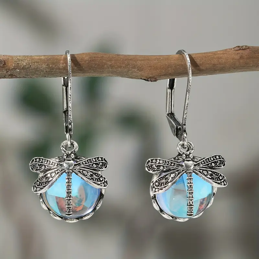 Silver Earrings with Blue Dragonfly Crystal Design