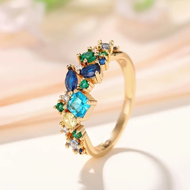 Gold Ring with Blue and Green Floral Design
