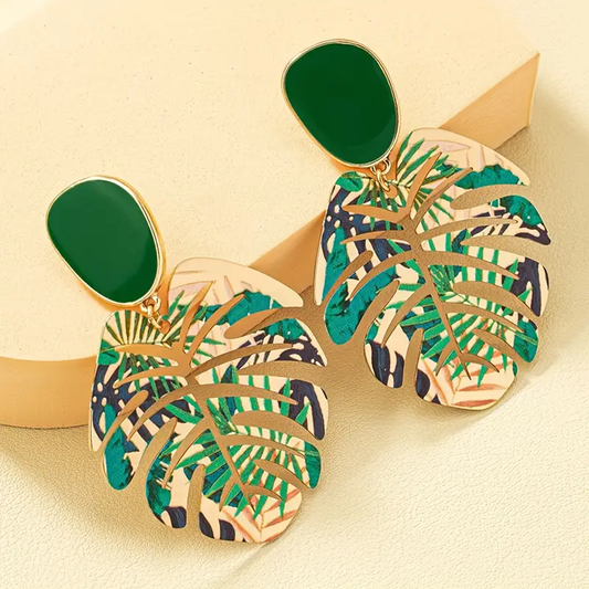 Emerald Jungle Gold Leaf Earrings
