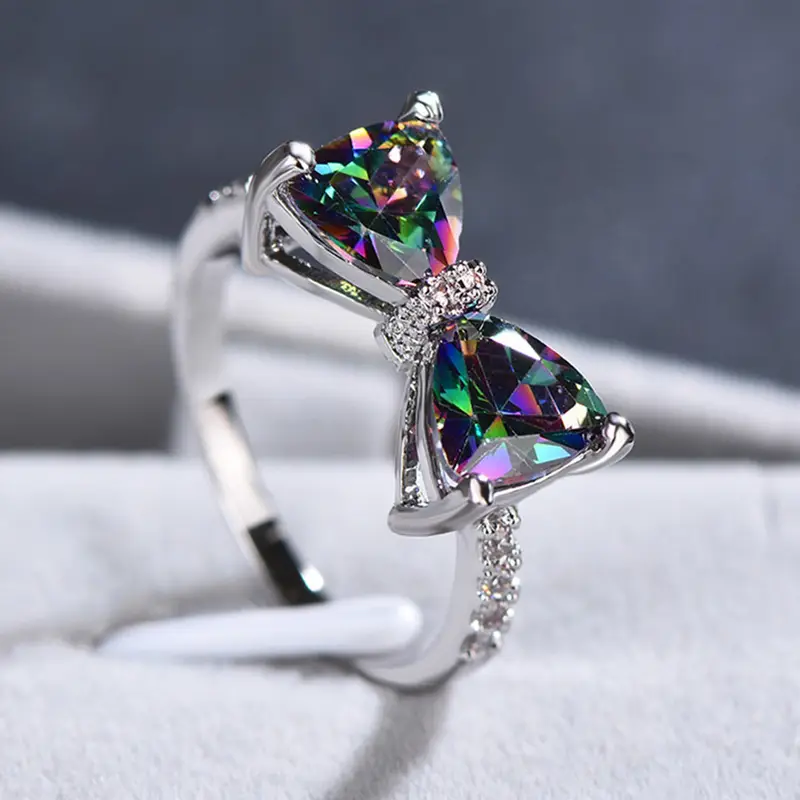 Vibrant Zirconia Silver Ring with Colorful Tie Design
