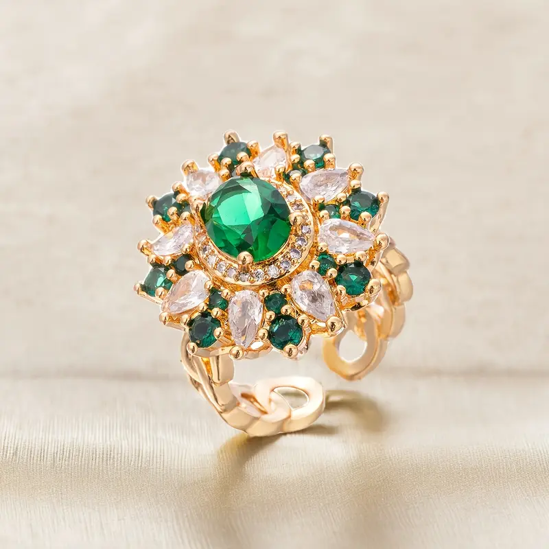 White Gold Ring with Green Mandala Design