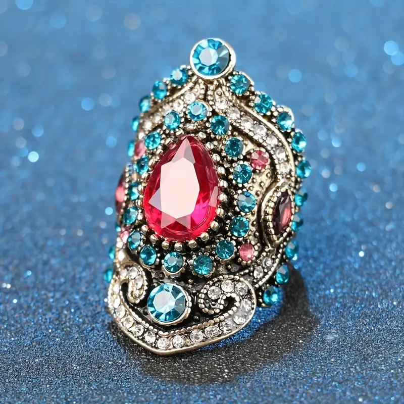 Retro Blue and Red Crystal Ring