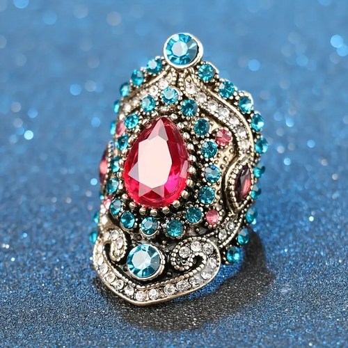 Retro Blue and Red Crystal Ring
