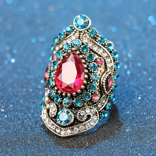 Retro Blue and Red Crystal Ring