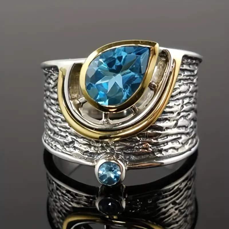 Antique Blue Inlaid Silver and Gold Drop Ring