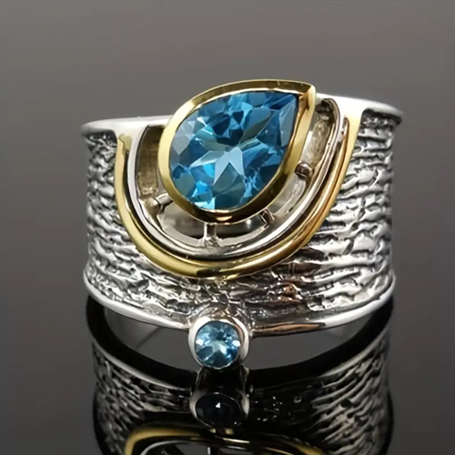 Antique Blue Inlaid Silver and Gold Drop Ring