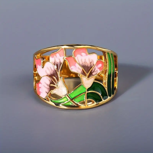 Retro Gold Floral Enamel Ring