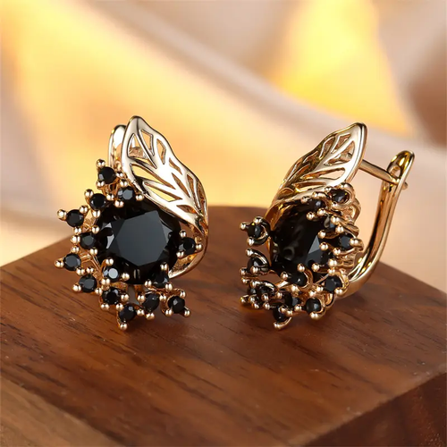 Golden Earrings with Black Zirconia Accents