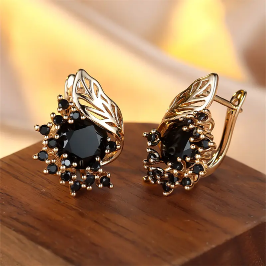 Golden Earrings with Black Zirconia Accents