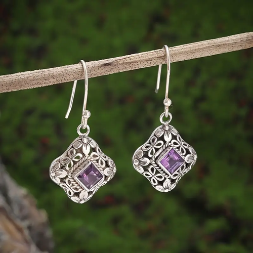 Silver Earrings with Purple Glass Accents