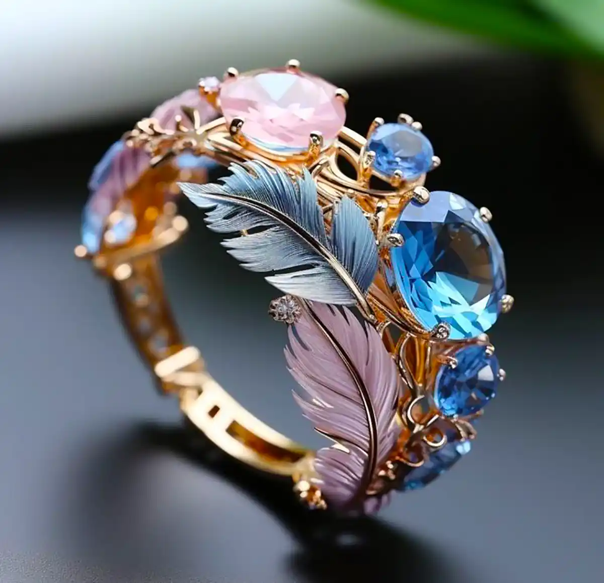 Retro Exotic Feather and Crystal Ring