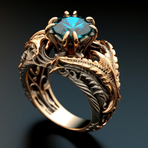 Antique-Inspired Golden Leaf Blue Zirconia Ring