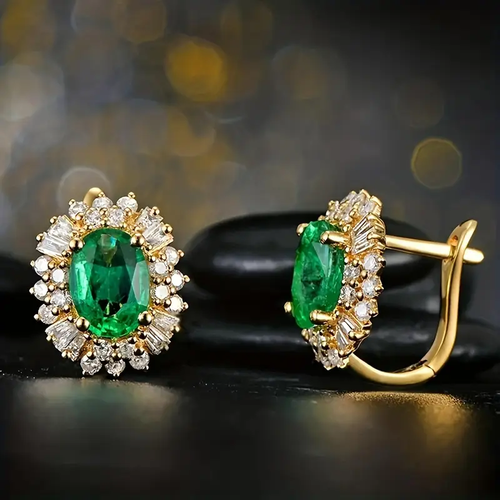 Gold Earrings with Green Round Zirconia