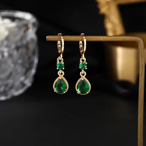 Gold Earrings with Green Dangling Zirconia