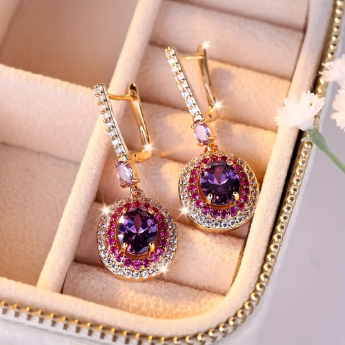 Vibrant Round Violet and Pink Golden Earrings