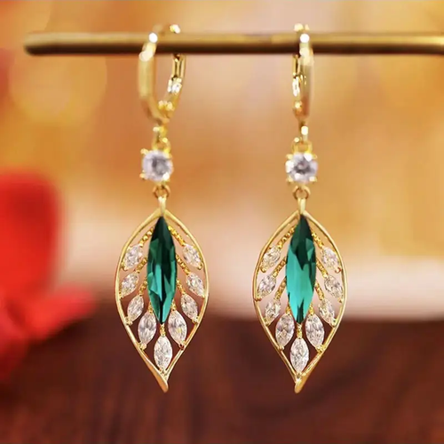 Gold Earrings with Green Leaf Zirconia Accents