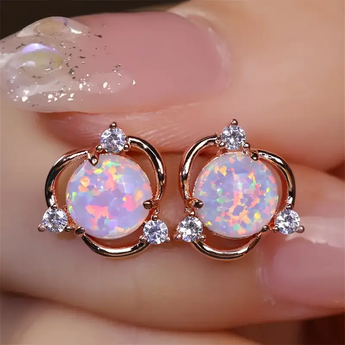 Gold Earrings with Pink Opal Accents