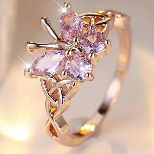 Gold Ring with Pink Butterfly Design
