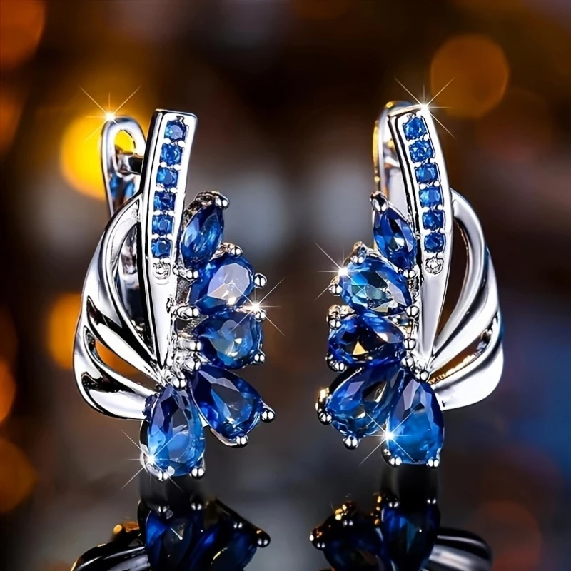 Chic Silver Earrings with Elegant Blue Crystals