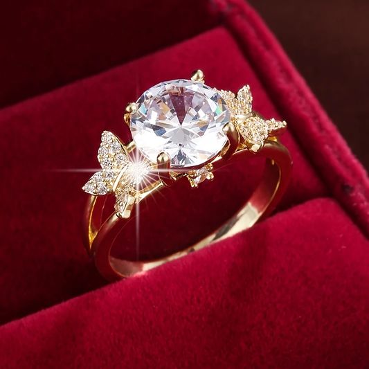 Gold Ring with Crystal Butterfly Design