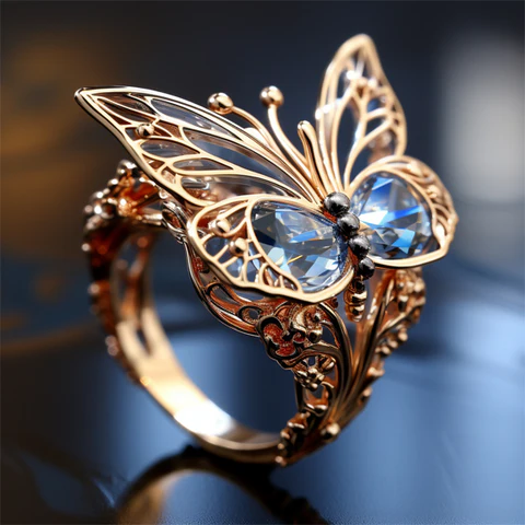 Golden Butterfly Ring with Blue Crystal Accents