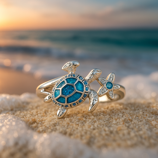 Silver Ring with Blue Opal Turtle Design