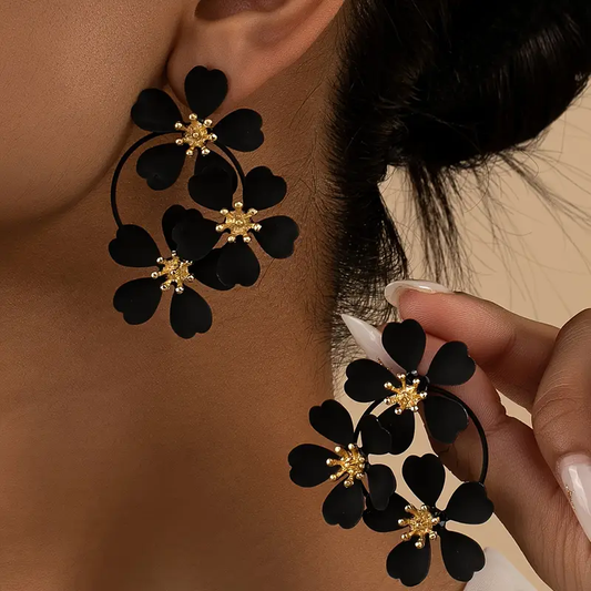 Retro Black Floral Drop Earrings