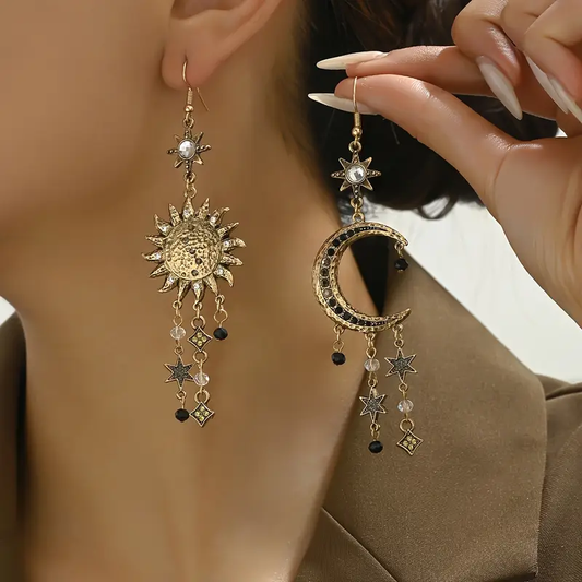 Retro Sun and Moon Dangle Earrings