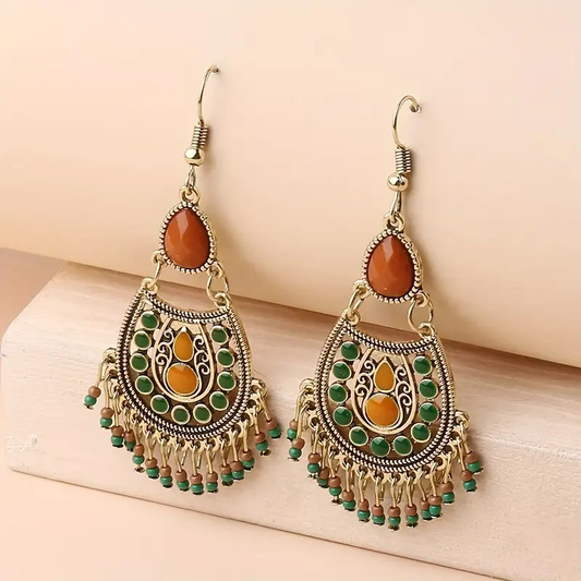 Retro Green Mandala Dangle Earrings