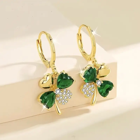 Retro Green Zirconia Floral Gold Earrings
