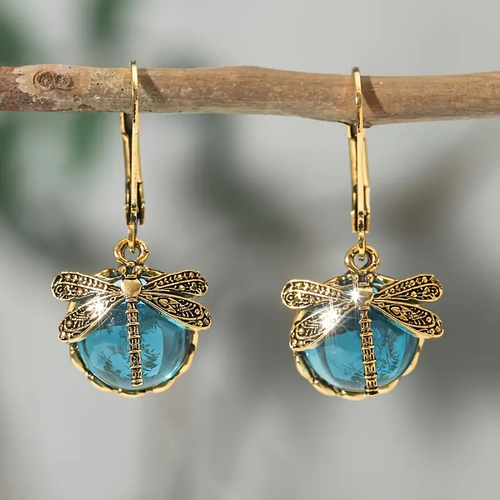 Antique-Inspired Blue Dragonfly Crystal Earrings