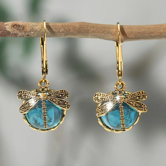 Antique-Inspired Blue Dragonfly Crystal Earrings
